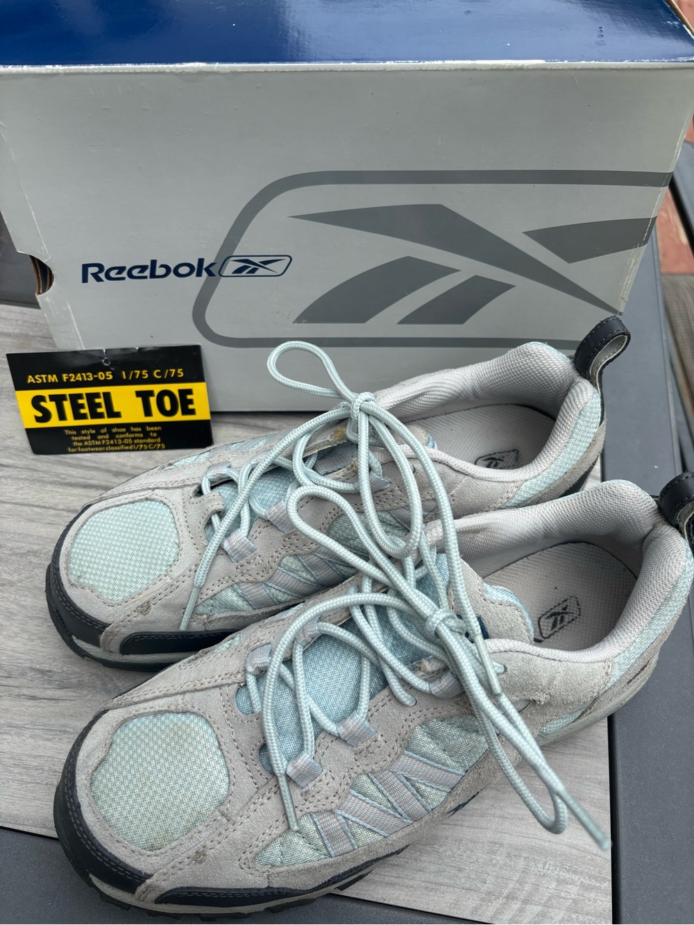 Women’s Reebok Steel Toe Light Blue Gray Work Sneakers